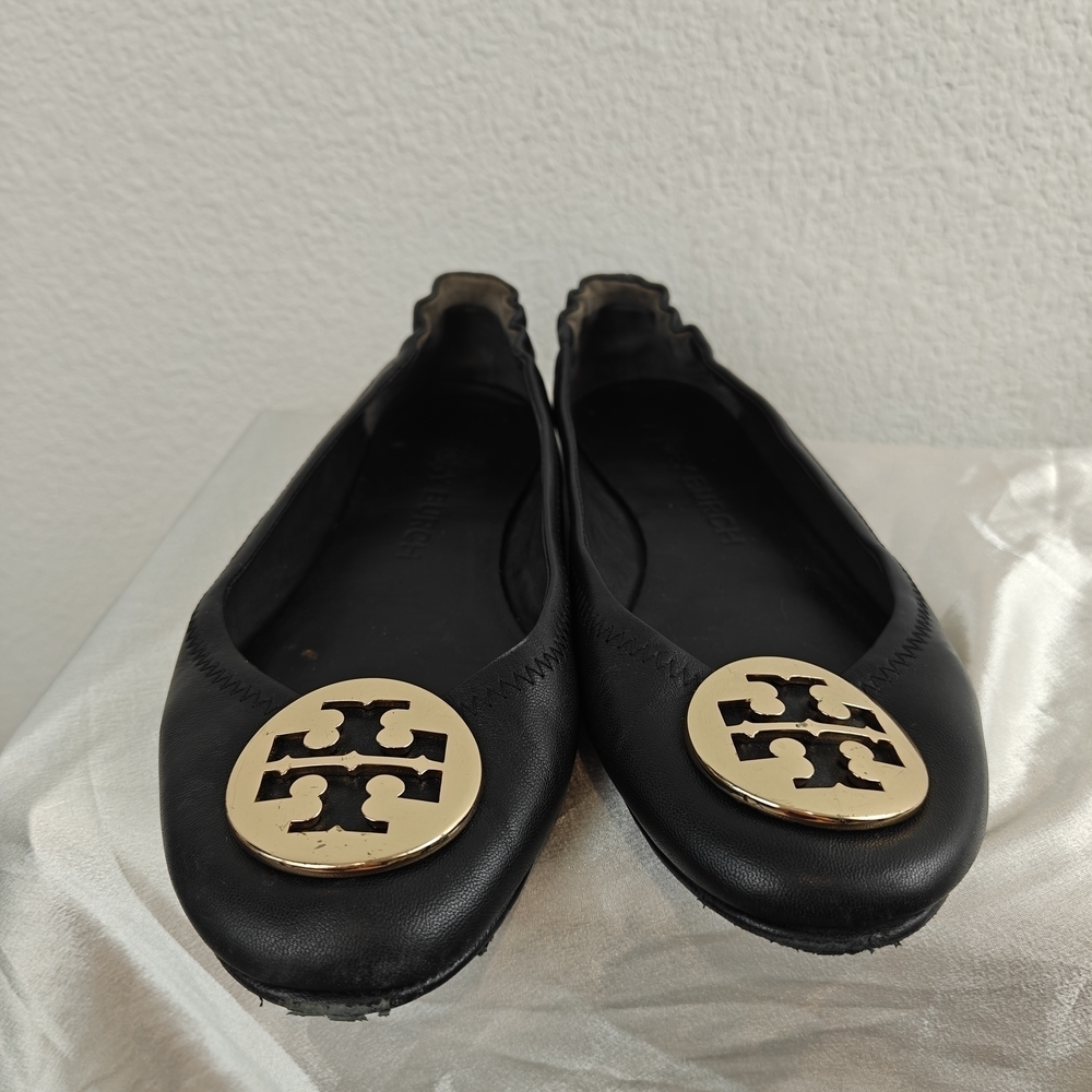 Tory Burch Claire Ballet Flats Black Gold Slip On Size 8 Women's - Picture 3 of 13